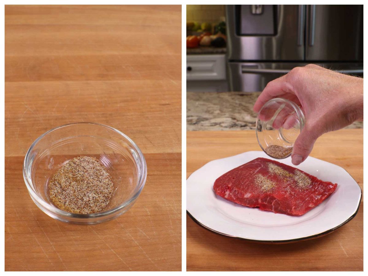 a bowl of steak seasoning next to a piece of flank steak.