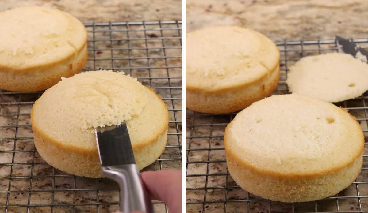 two small layers of cake on a cooling rack.