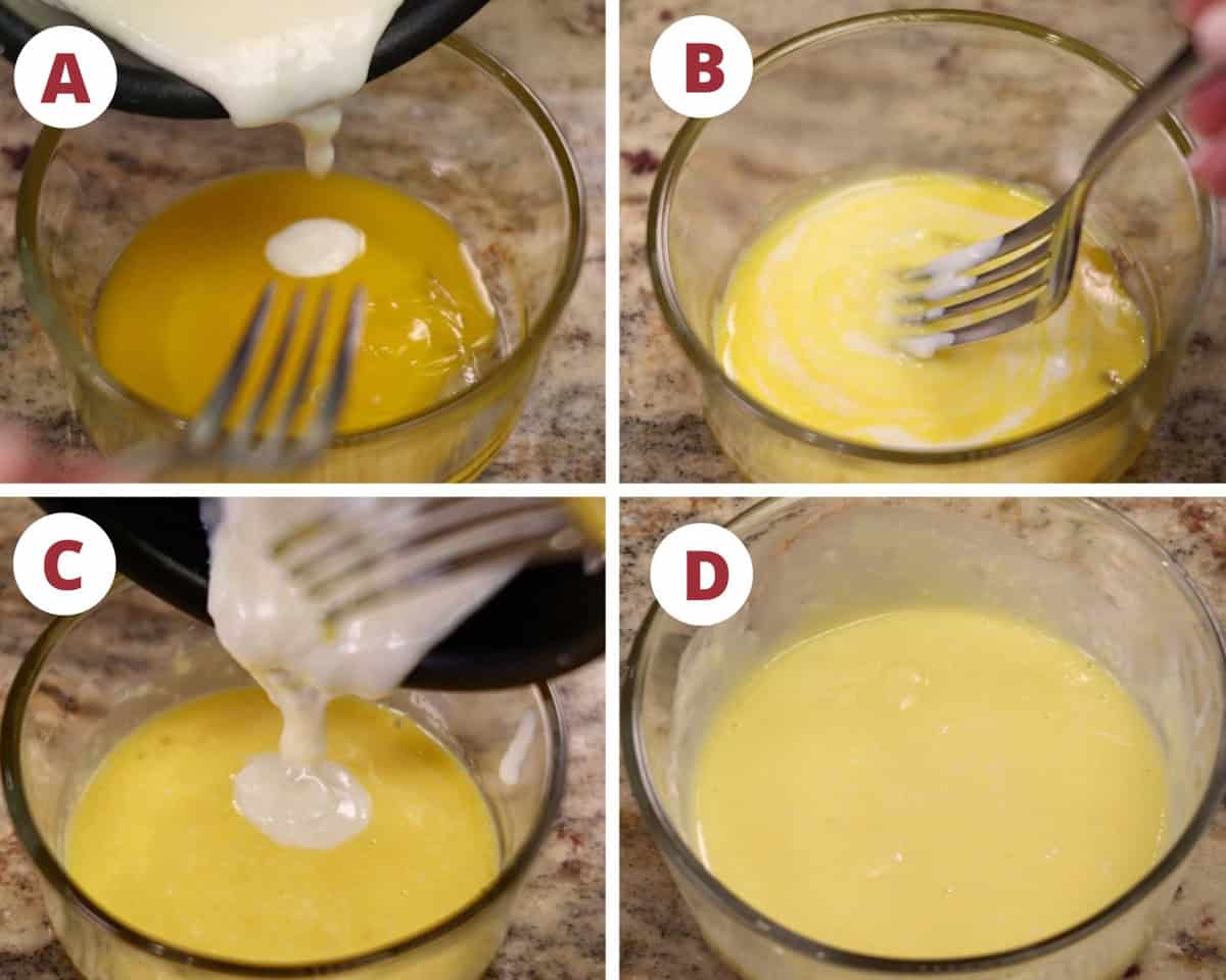 four photos showing how to temper an egg.