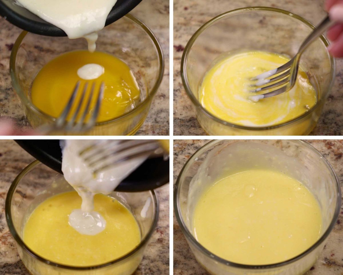 tempering an egg in a small glass bowl