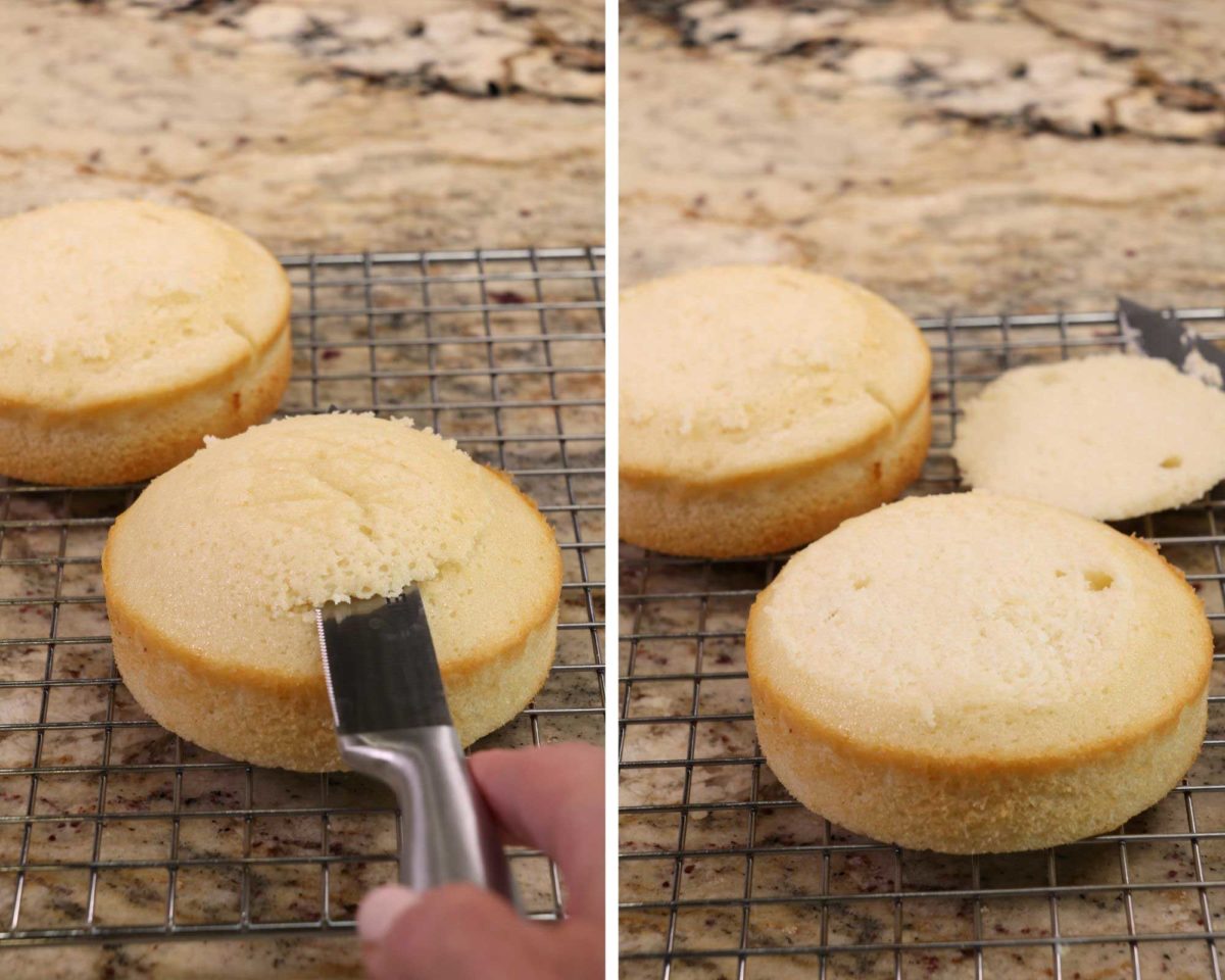 trimming a cake top with a sharp knife on a wire rack 