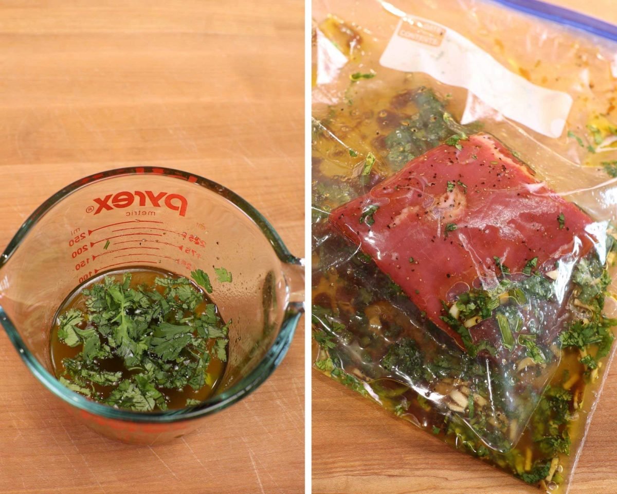 flank steak in a ziplock bag with marinade.