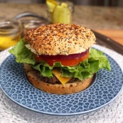 a single hamburger on a blue plate.