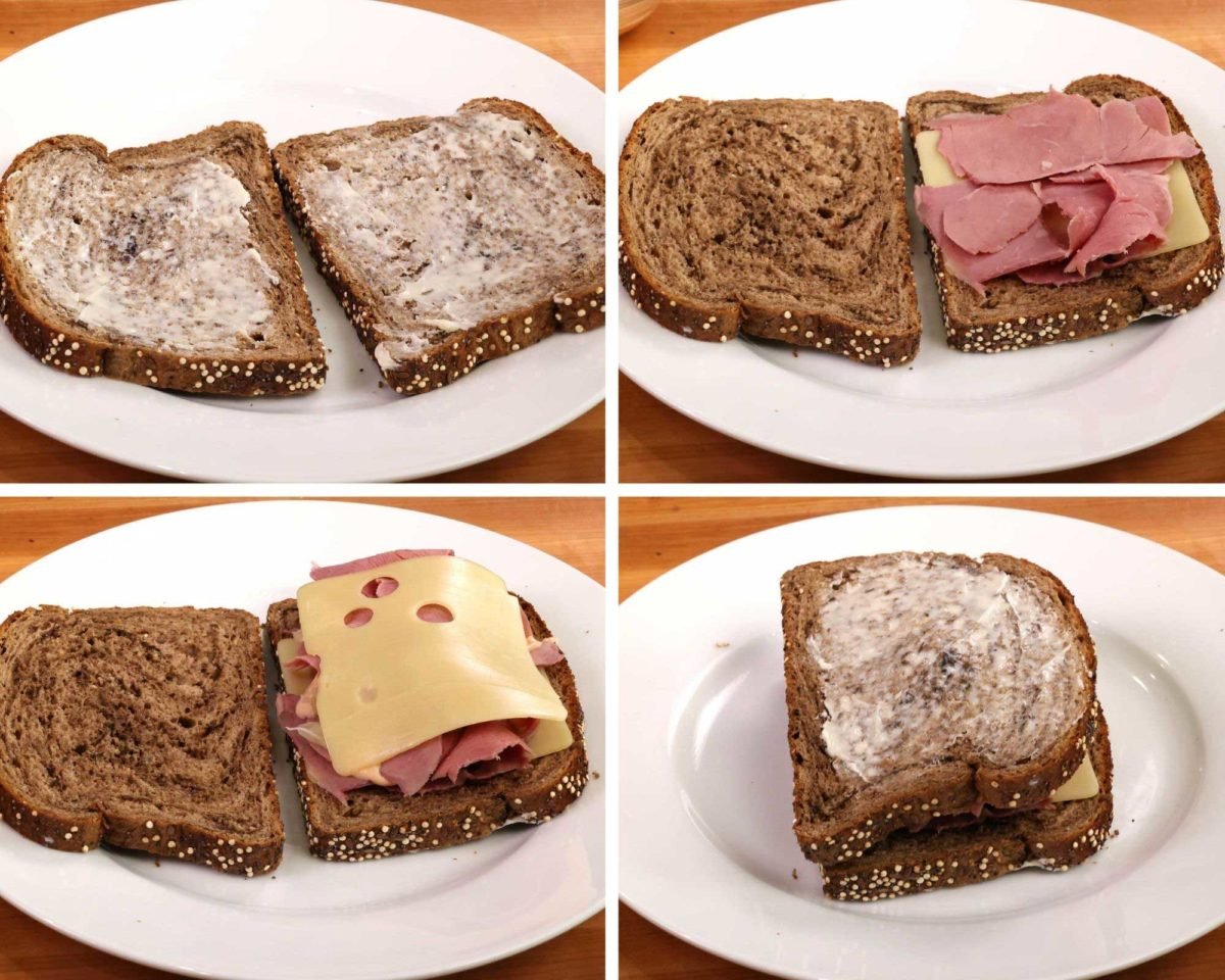 four photos showing how to assemble a reuben sandwich