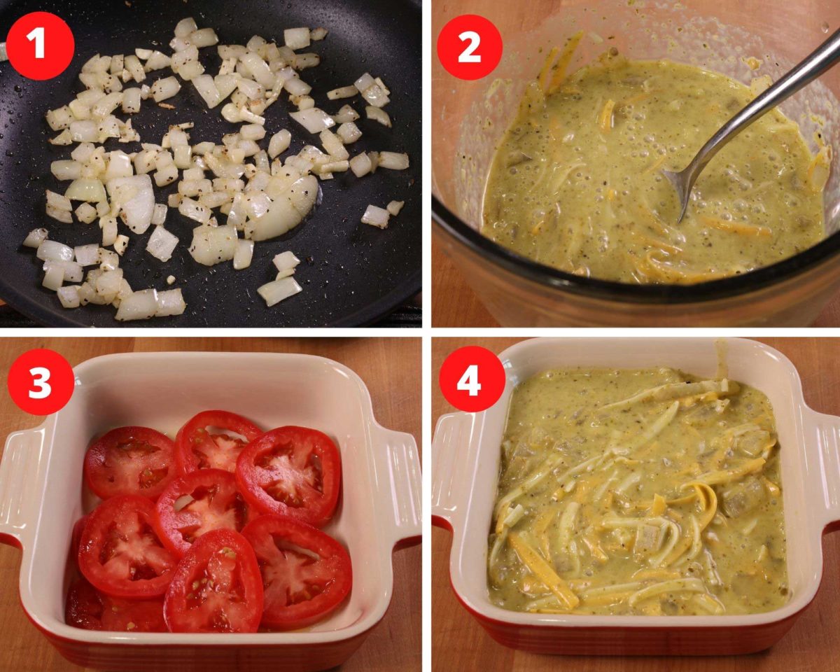 four photos showing onions cooking in a skillet, eggs and cream whisked together in a small mixing bowl with pesto, sliced tomatoes lining a baking dish, and a quiche in a baking dish before being baked.