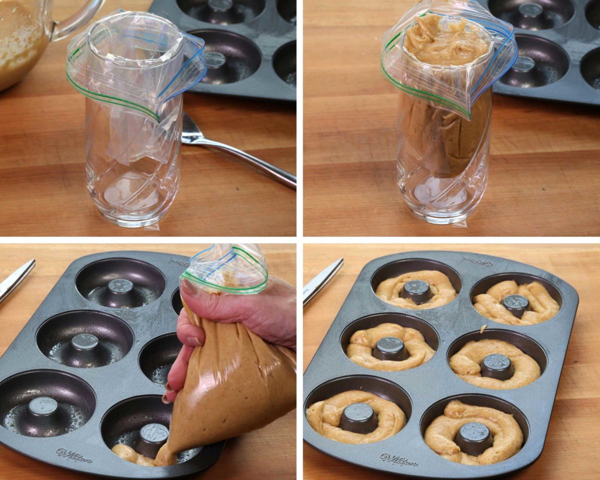 four photos showing how to fill a zip top bag with donut batter and filling six donut cavities.