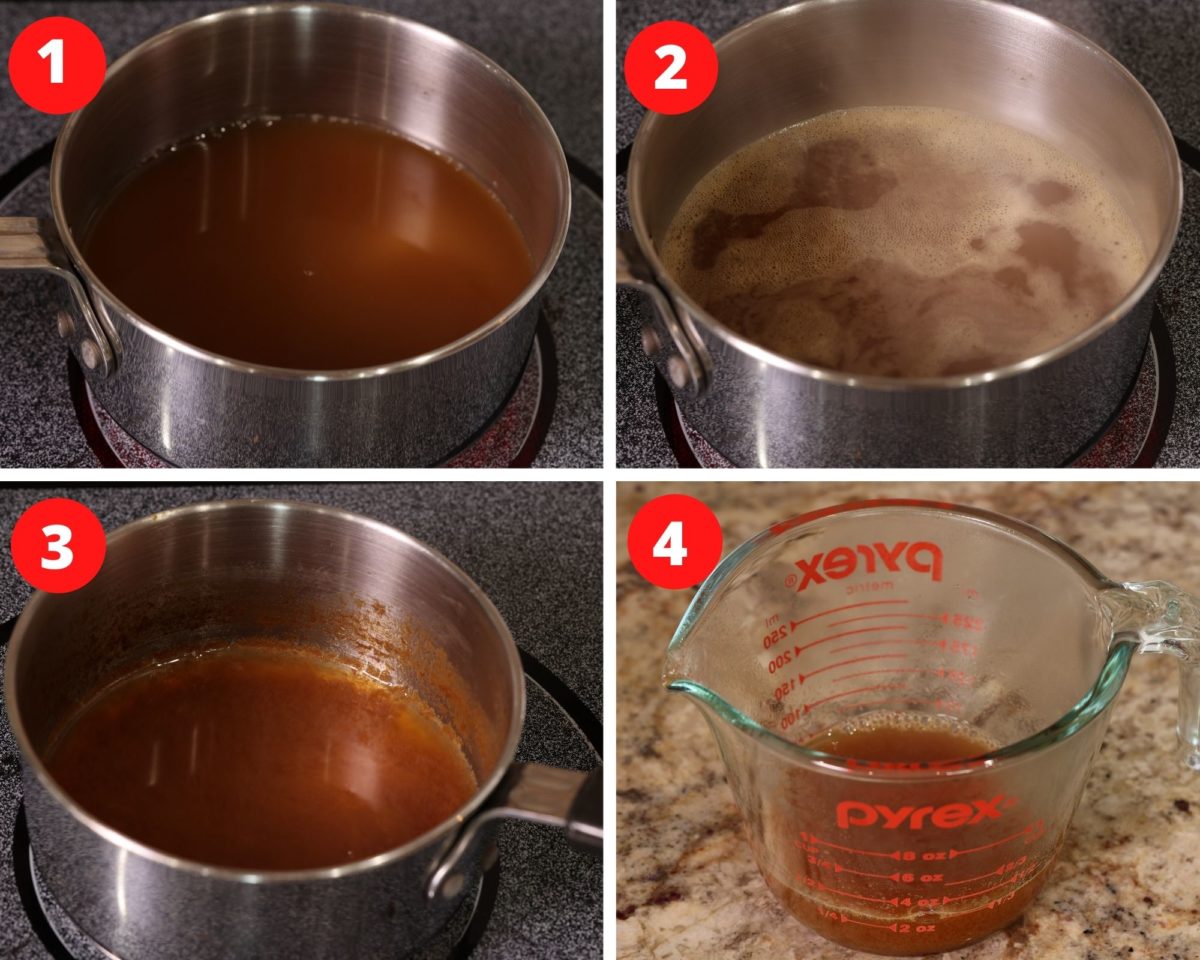 four photos showing how to make an apple cider reduction.