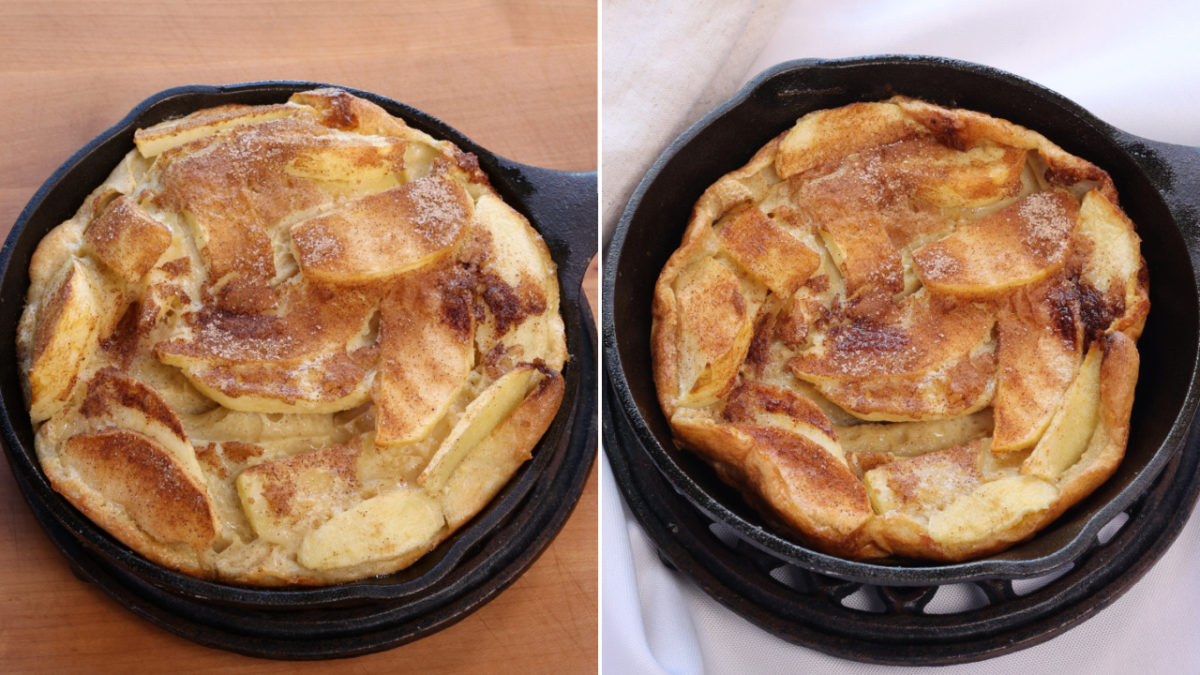 an apple dutch baby puffed up just out of the oven.