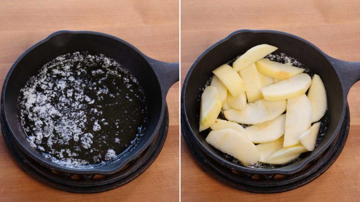 melted butter in a cast iron skillet next to a skillet filled with sliced apples.