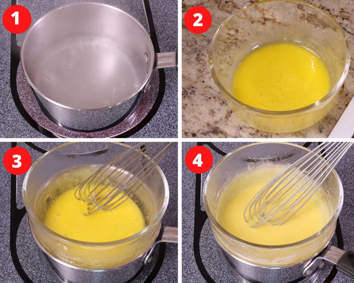 four steps showing how to make hollandaise sauce.