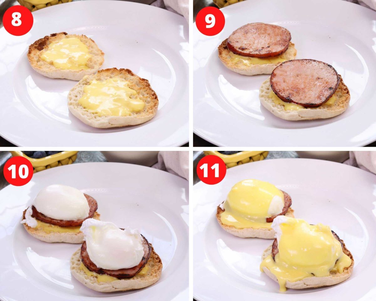 four photos showing how to assemble an eggs benedict.