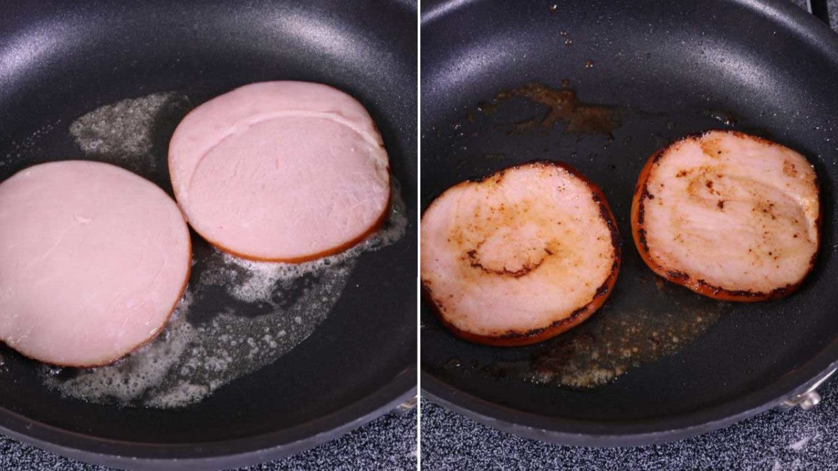 two slices of canadian bacon in a small skillet.