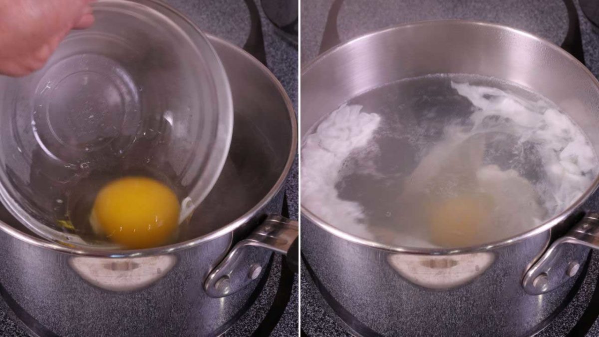 two photos showing how to poach eggs.