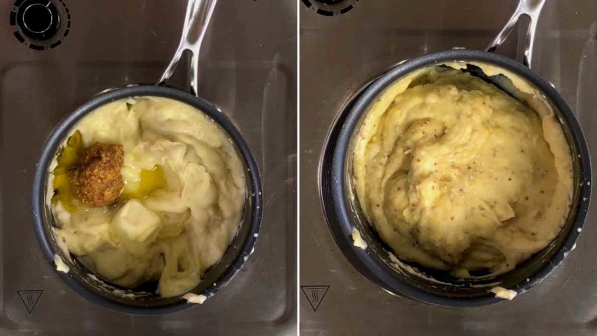 adding mustard to mashed potatoes in a small pot