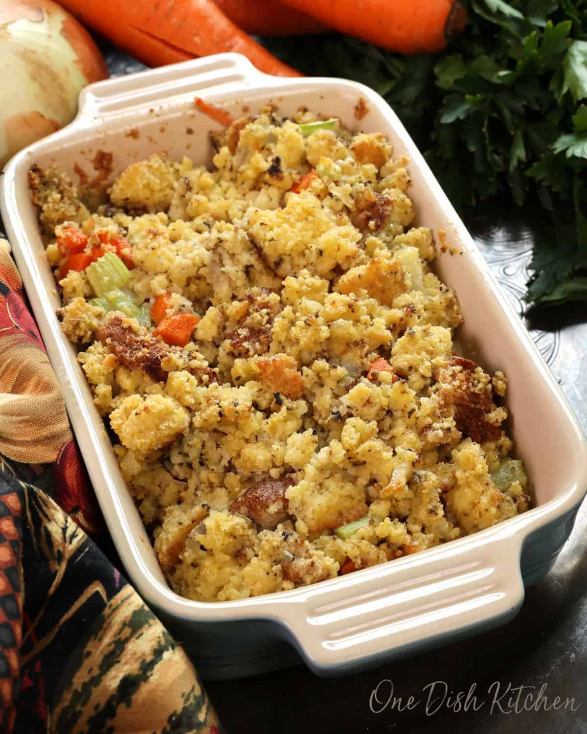 a small batch of southern cornbread dressing in a baking pan.