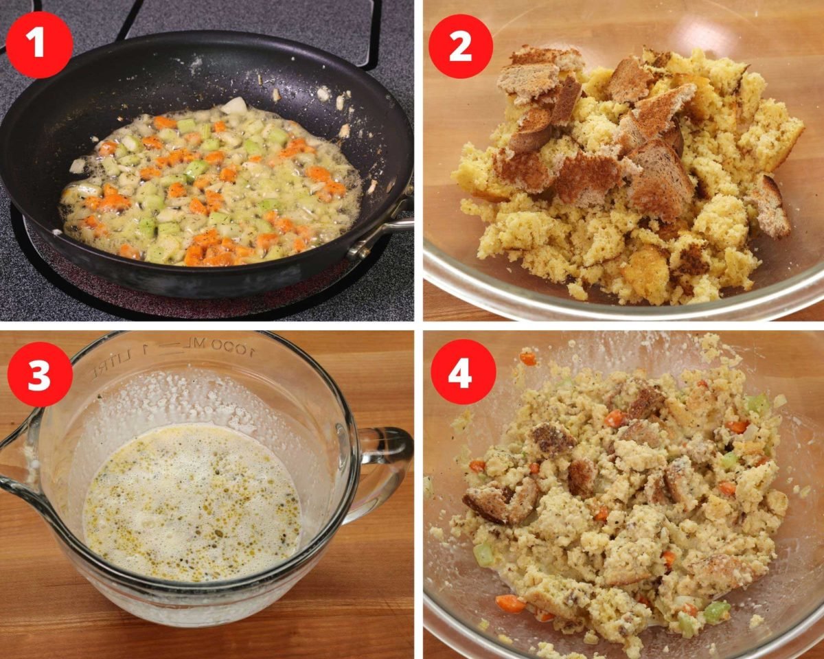 four photos showing how to make cornbread dressing: sauteed vegetables in a skillet, mixing the wet ingredients, and pouring the wet ingredients into the cornbread in a large bowl.