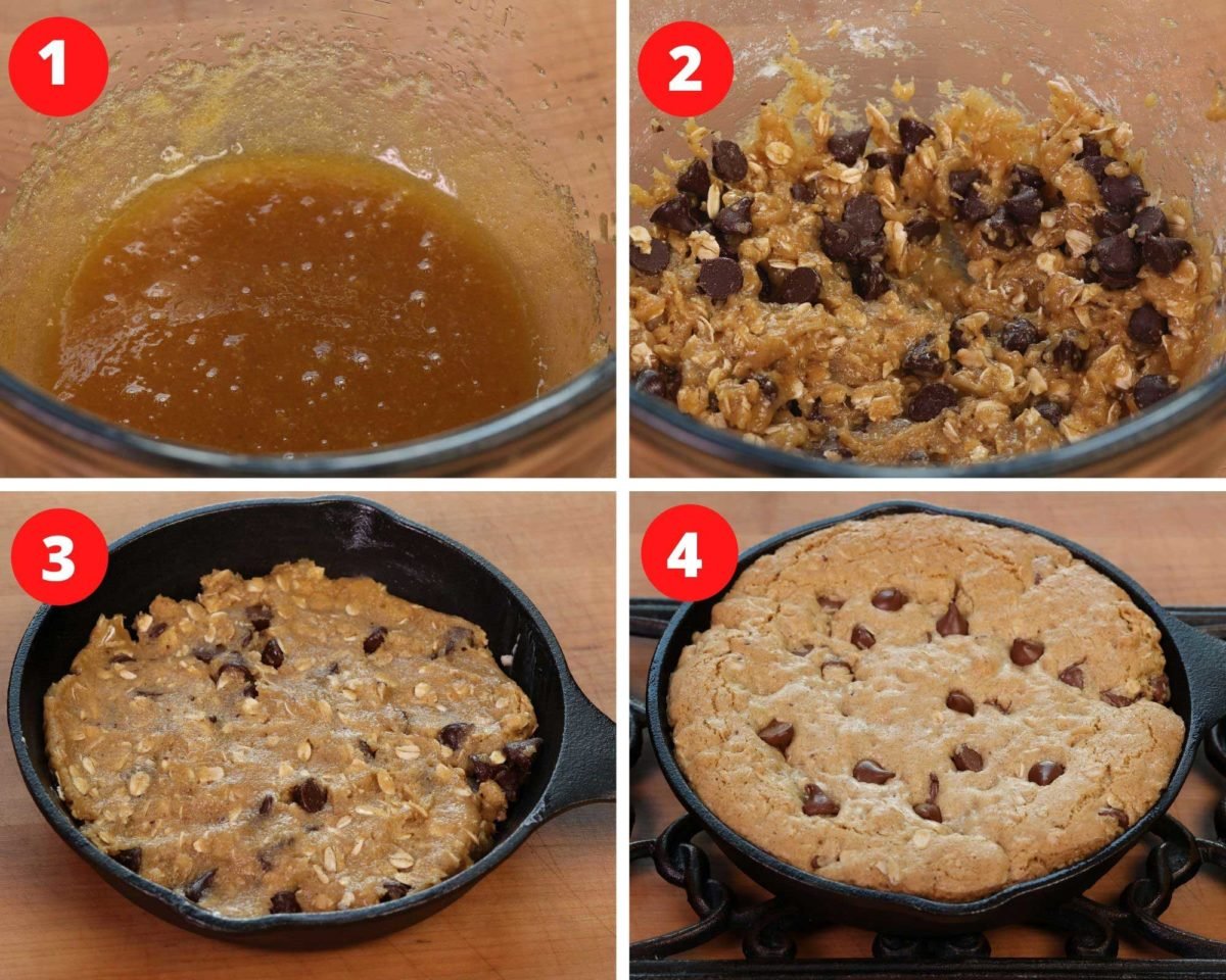 four photos showing how to make an oatmeal chocolate chip skillet cookie.