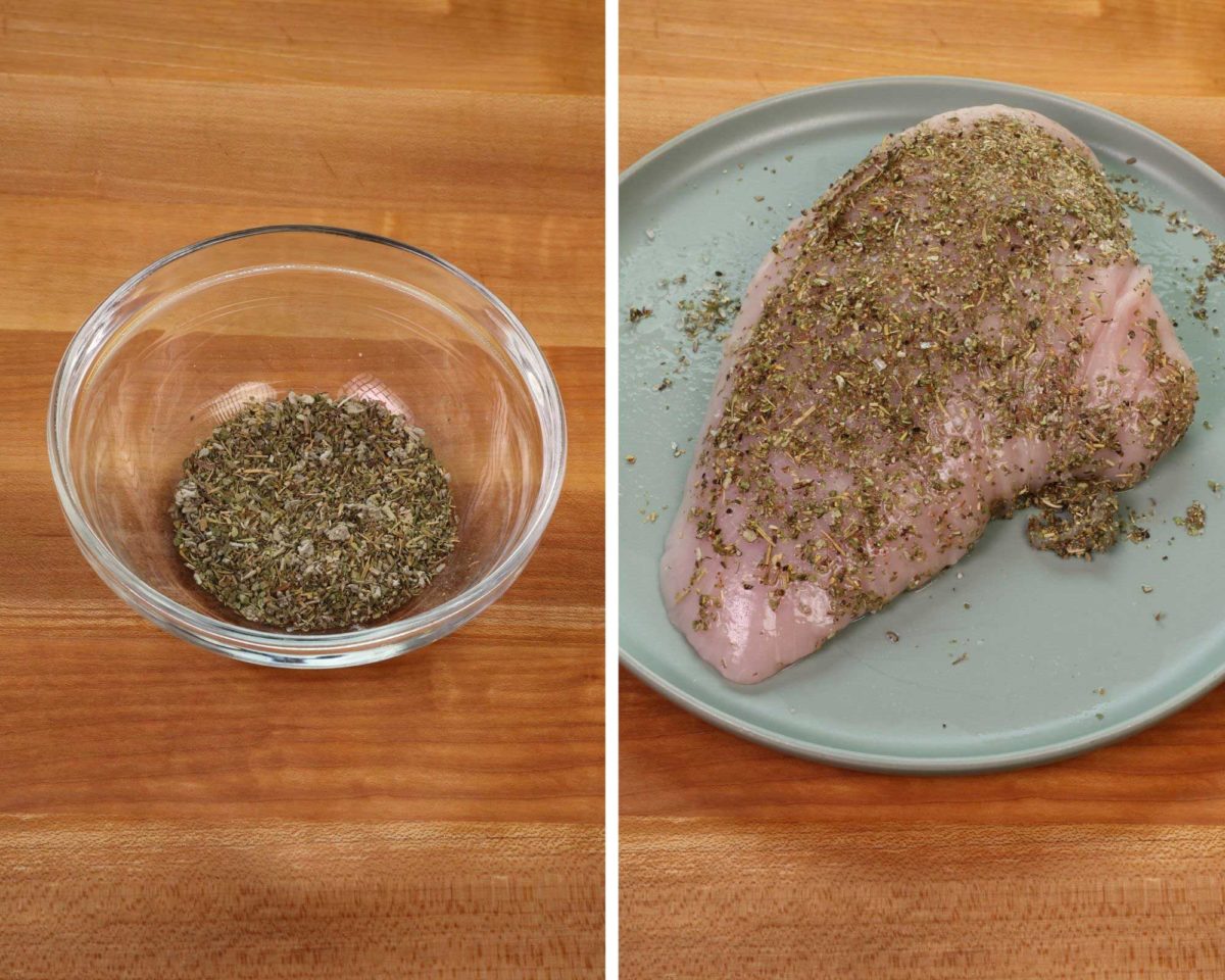 a raw turkey tenderloin on a green plate next to a bowl of spices