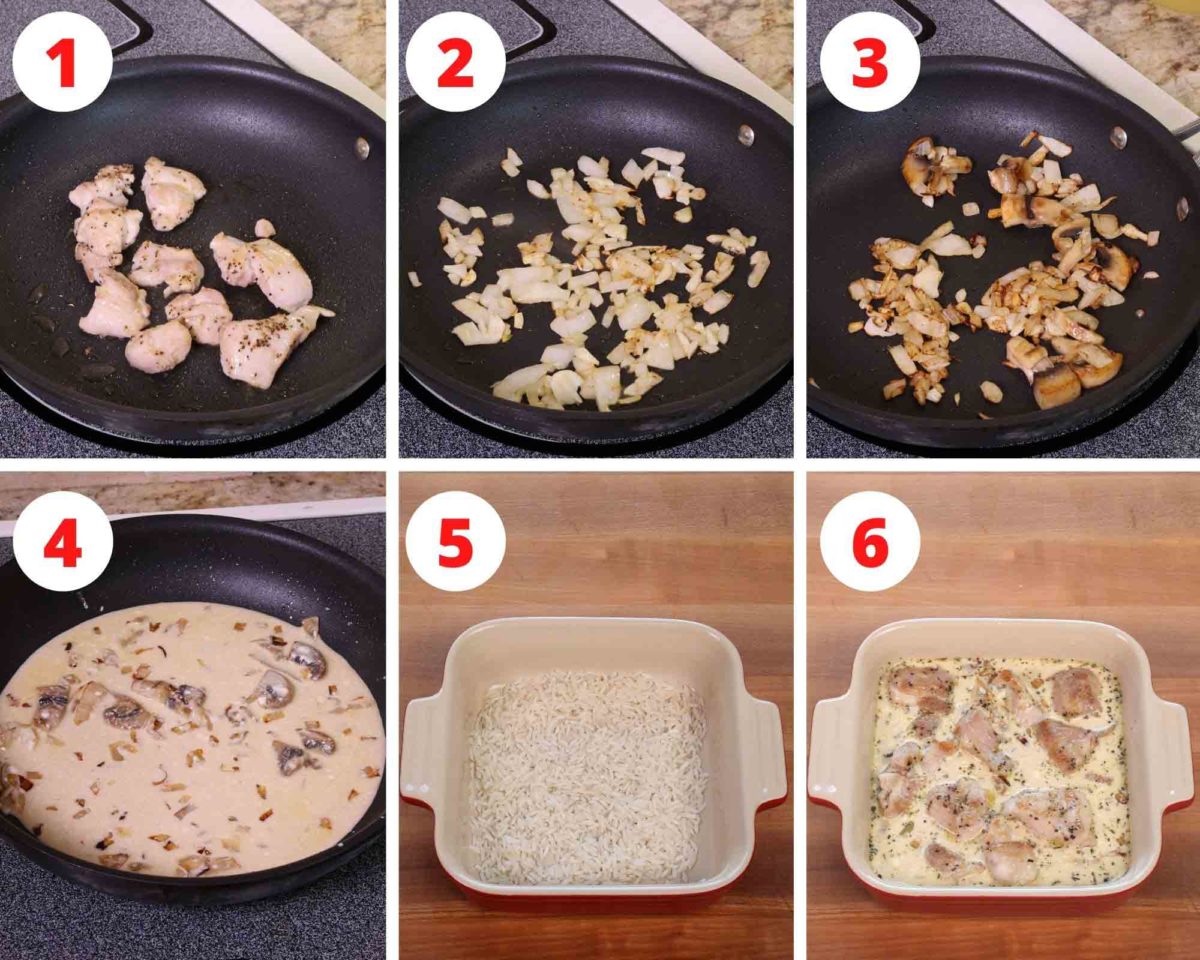 six steps showing how to make a chicken casserole with rice.