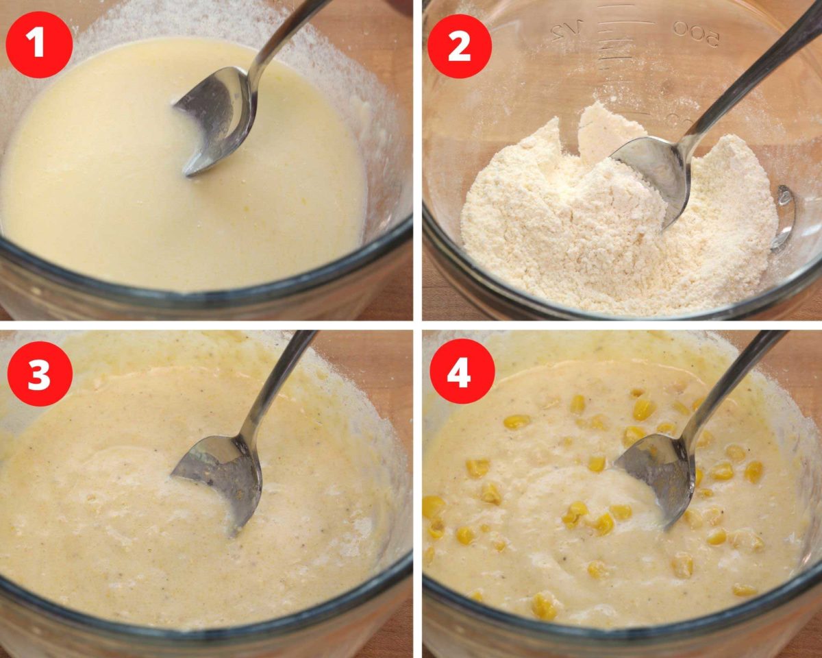 corn muffin batter in a mixing bowl with a spoon on the side.