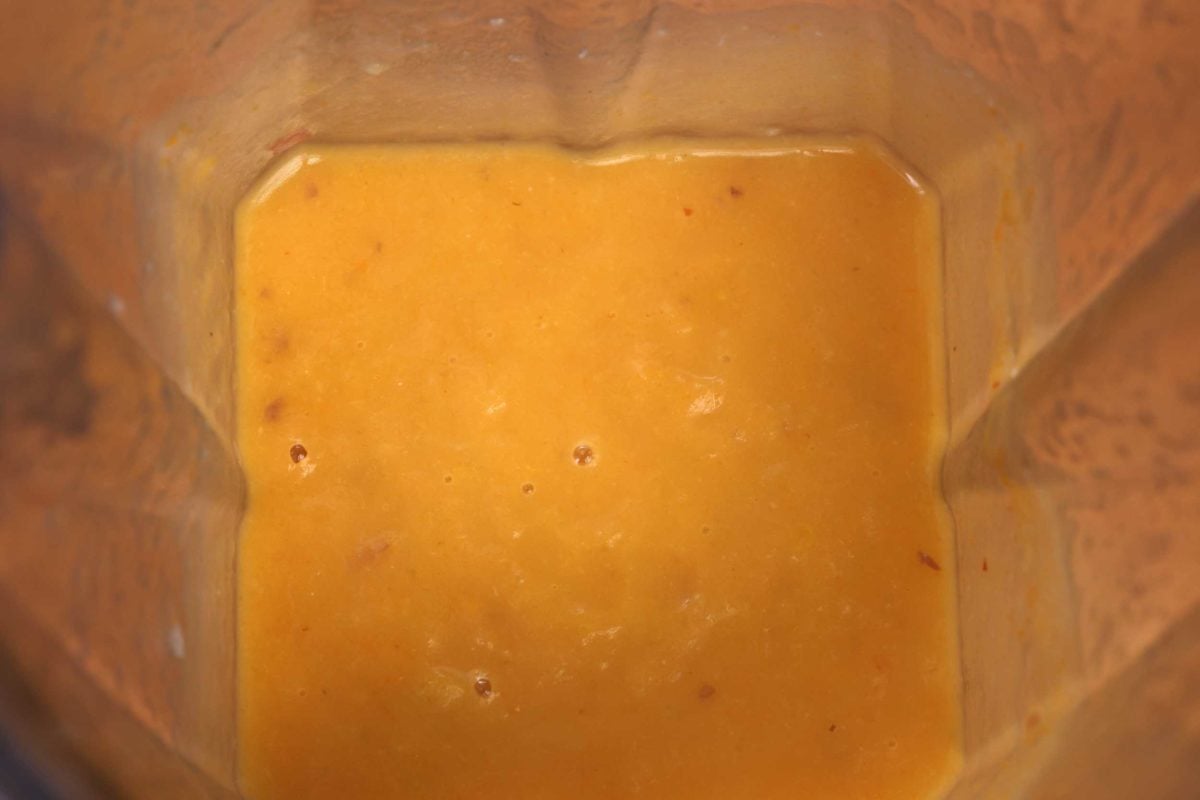 pureed vegetable soup in an blender.