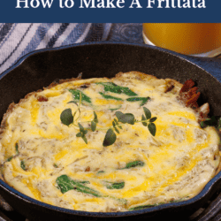 Frittata with bacon and spinach shown in a small cast iron pan.