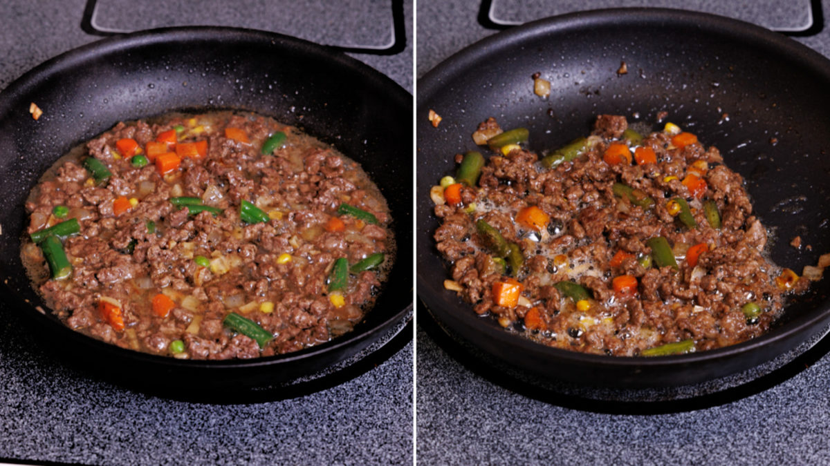 ground lamb, vegetables, and broth in a small skillet.