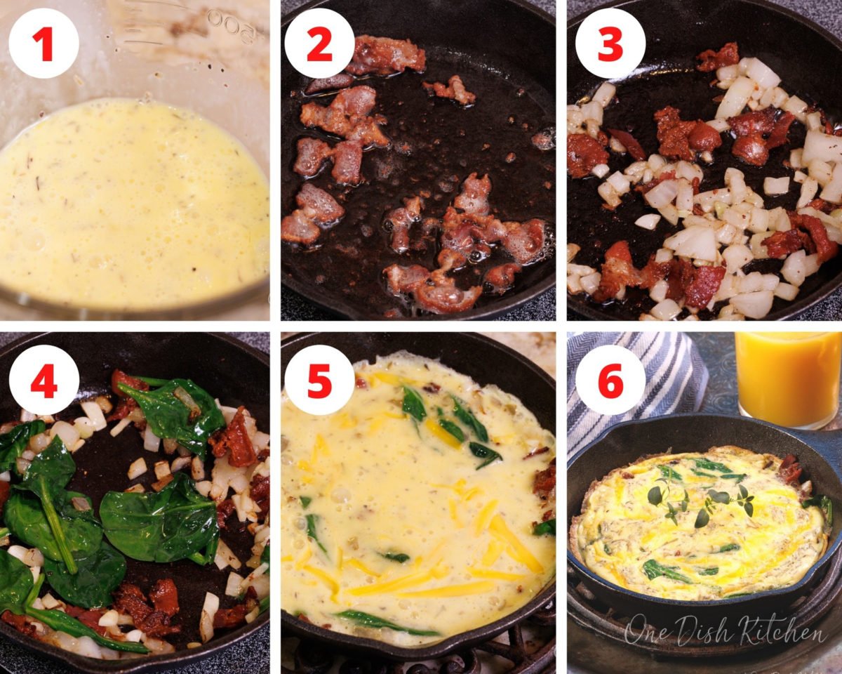 six steps showing how to make a spinach and bacon frittata.