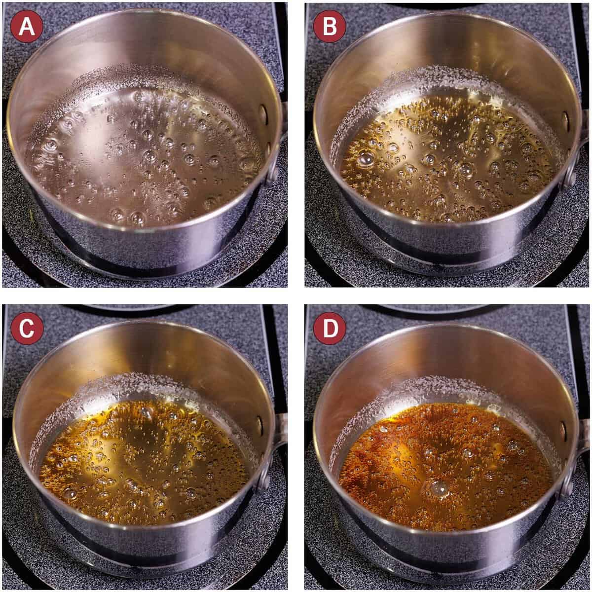 4 images of pot showing browning of melted sugar to make caramel.