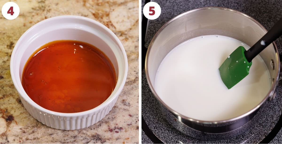 two photos showing how to heat milk in a pan for flan.
