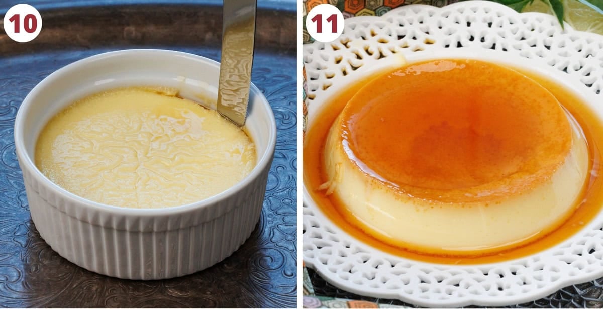 two photos showing how to unmold a flan from its dish.