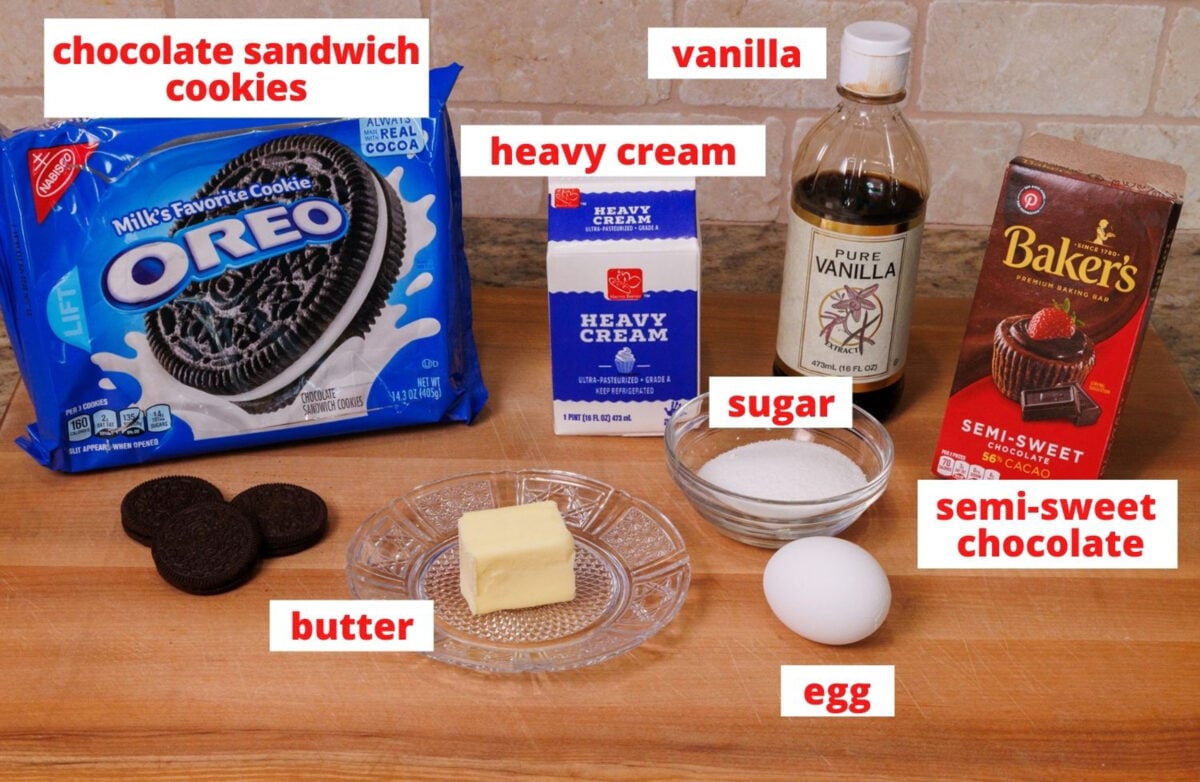 ingredients needed to make french silk pie on a wooden cutting board