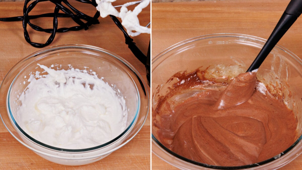 whipped cream folded into melted chocolate for a french silk pie filling