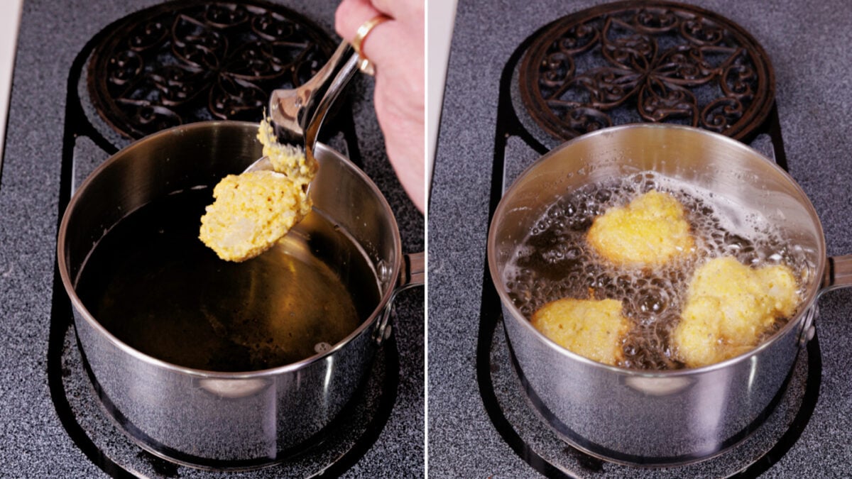 dropping hush puppy batter into a pot with a spoon.