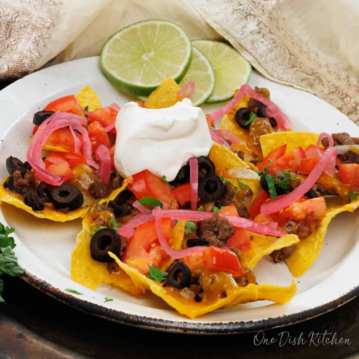 a small plate of ground beef nachos topped with sour cream and pickled onions.