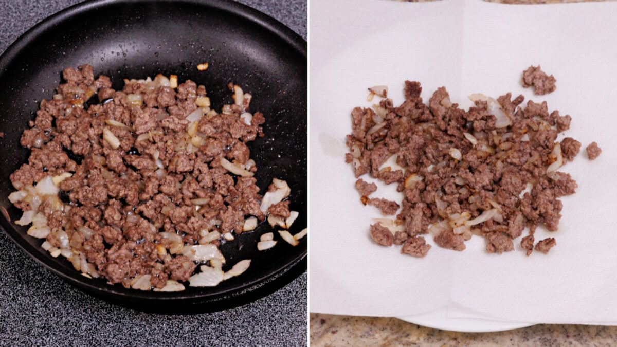 ground meat cooking in a skillet with onions and garlic.