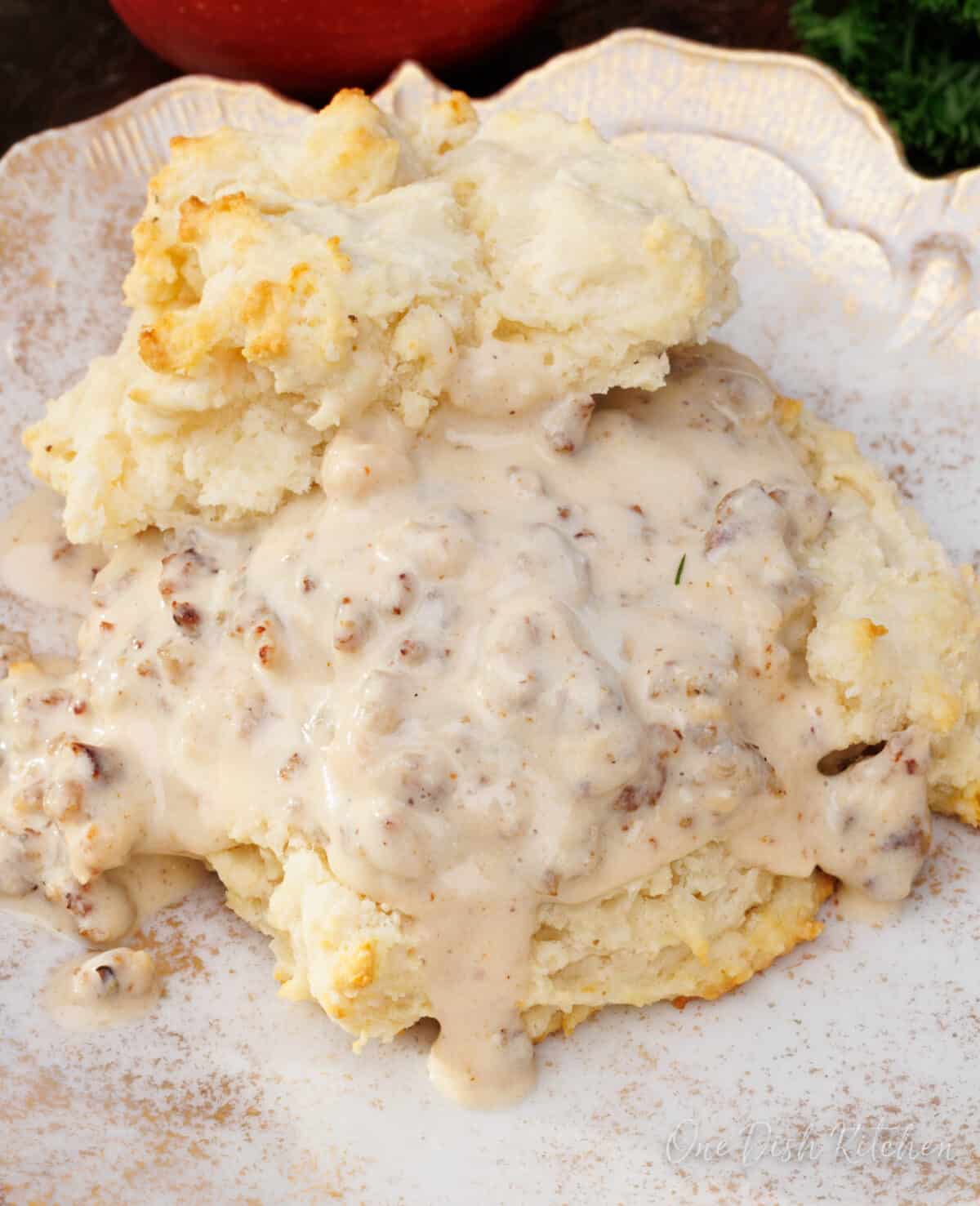 biscuits and gravy on a plate.