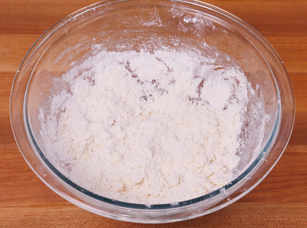 dry ingredients for biscuits in a mixing bowl.