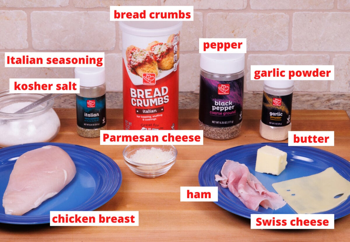 ingredients in chicken cordon bleu on a kitchen counter.