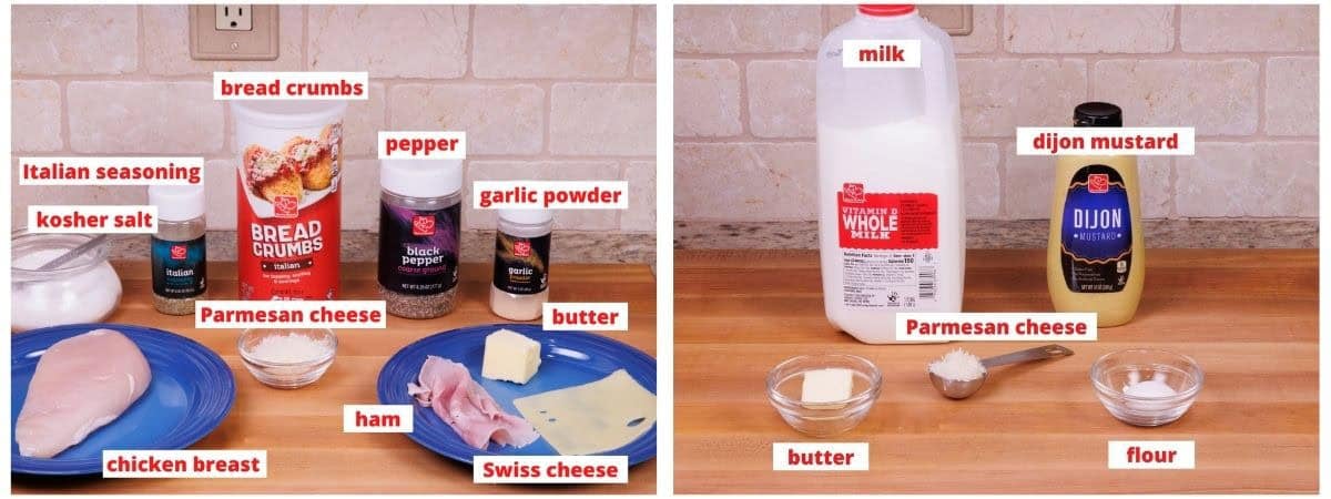 ingredients in chicken cordon blue and chicken cordon bleu sauce on a kitchen counter.