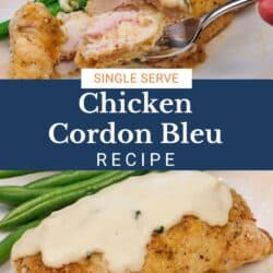 chicken cordon bleu with sauce on a white plate.