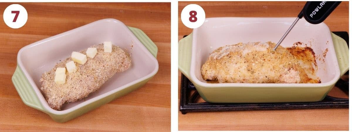 two photos showing chicken cordon bleu baked and unbaked in a baking dish.