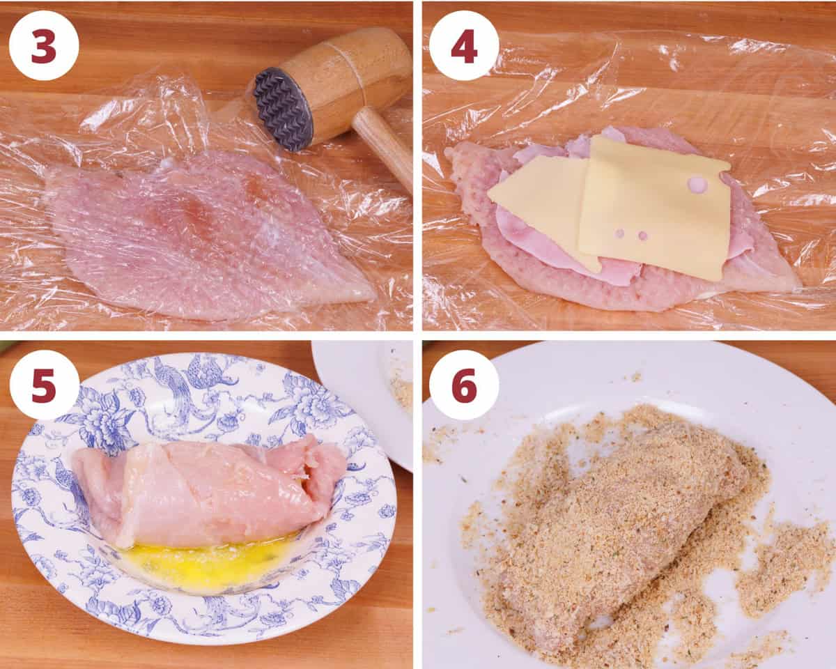 four photos showing how to flatten a chicken breast and coat with breadcrumbs.