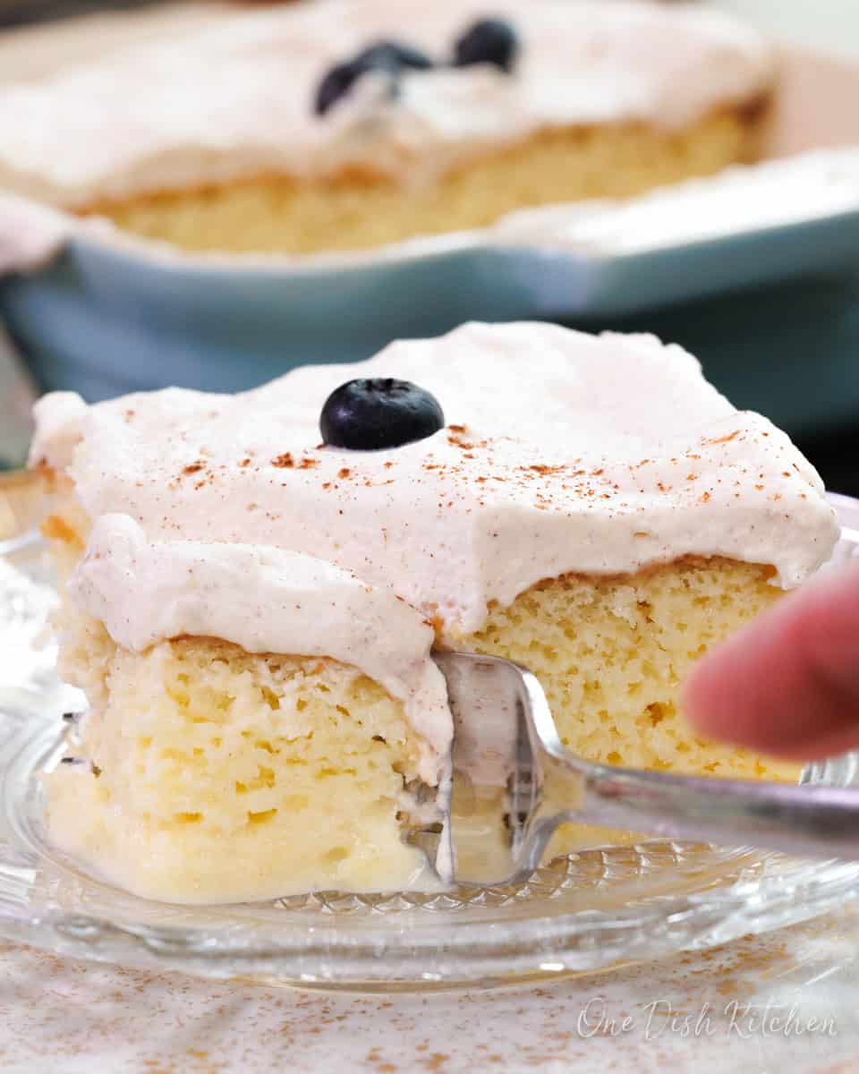 a fork scooping up a bite of tres leches cake.