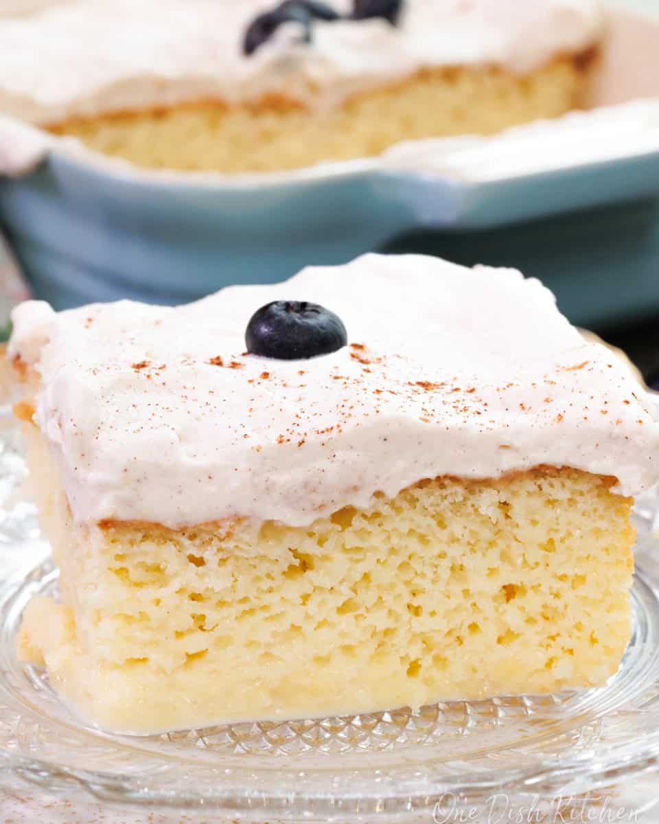 a slice of tres leches cake topped with a blueberry on a white plate.