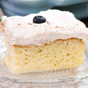 a slice of tres leches cake on a plate.