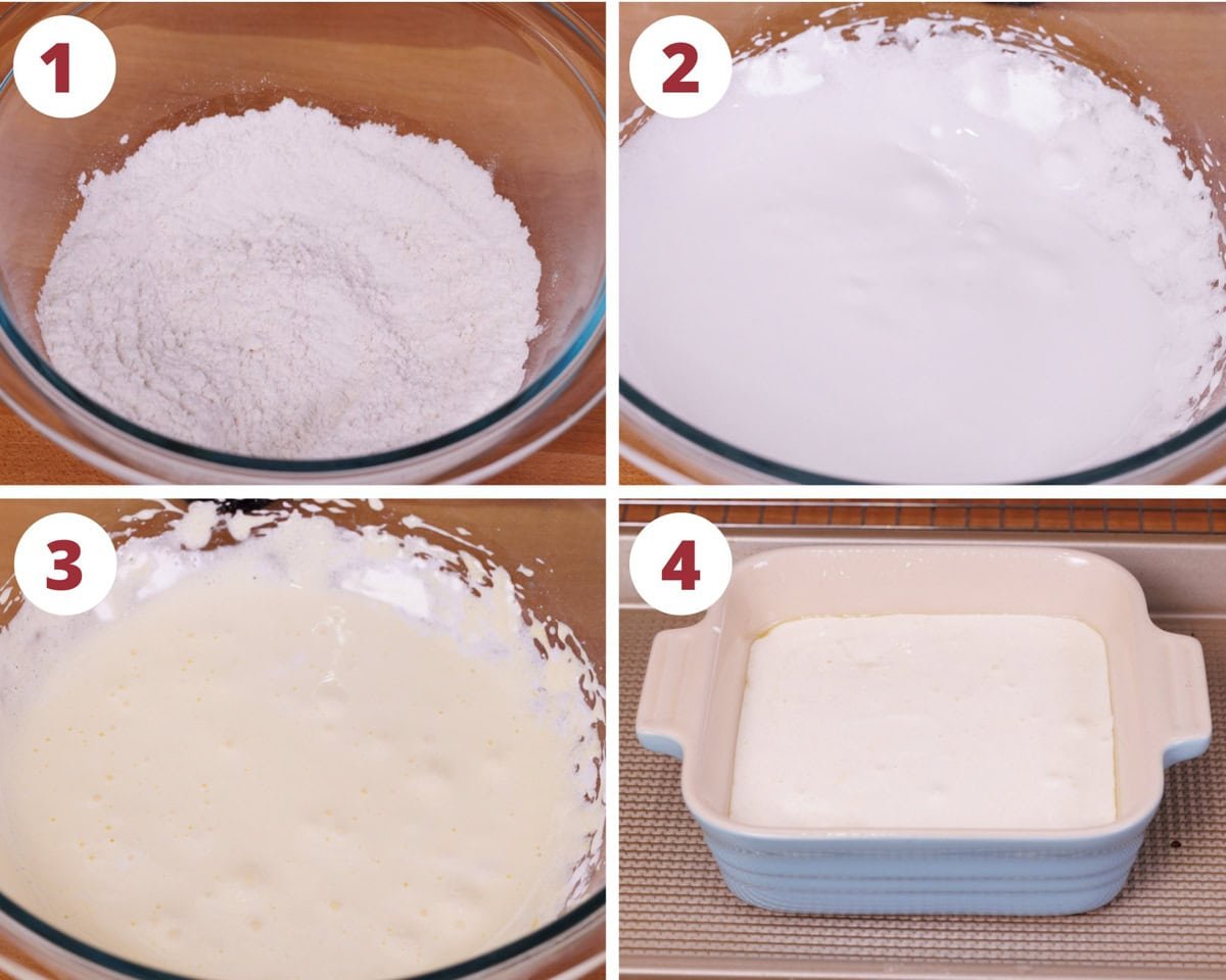 four photos showing how to make tres leches cake batter.
