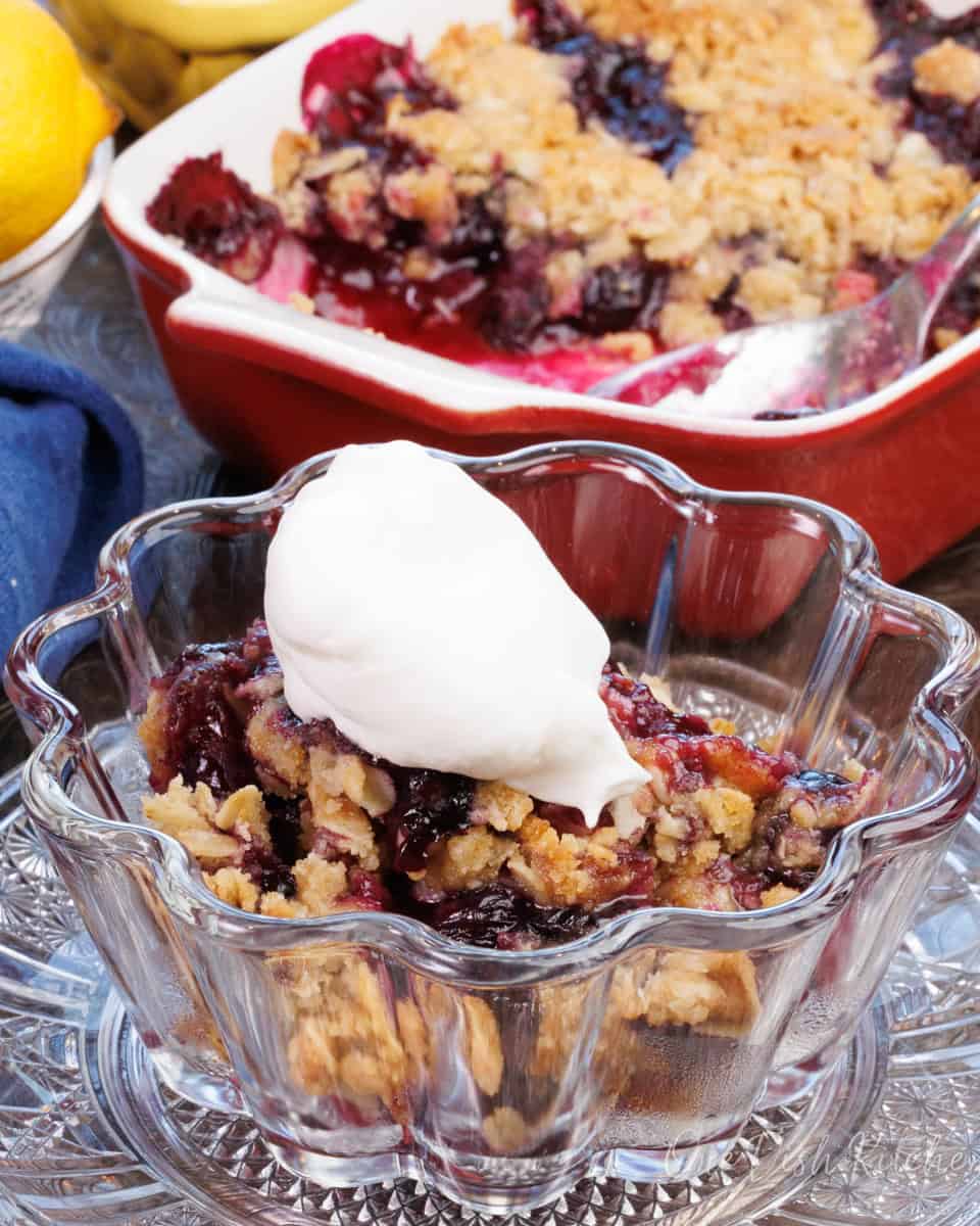 a small bowl of blueberry crumble topped with whipped cream next to a larger dish.