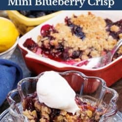 blueberry crisp in a dessert dish next to a baking dish with more crisp.