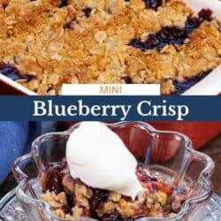 a small blueberry crisp in a baking dish.